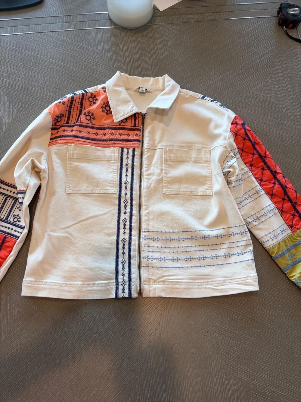 Tru Luxe Jeans Off-White Utility Jacket with Red and Blue Accents